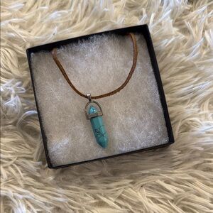 Turquoise Pendant Necklace with Brown leather Cord
